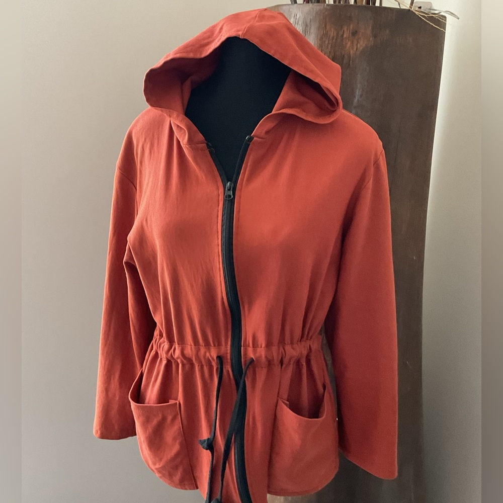 Rust Orange Hooded Fall Walking Jacket with Pockets .